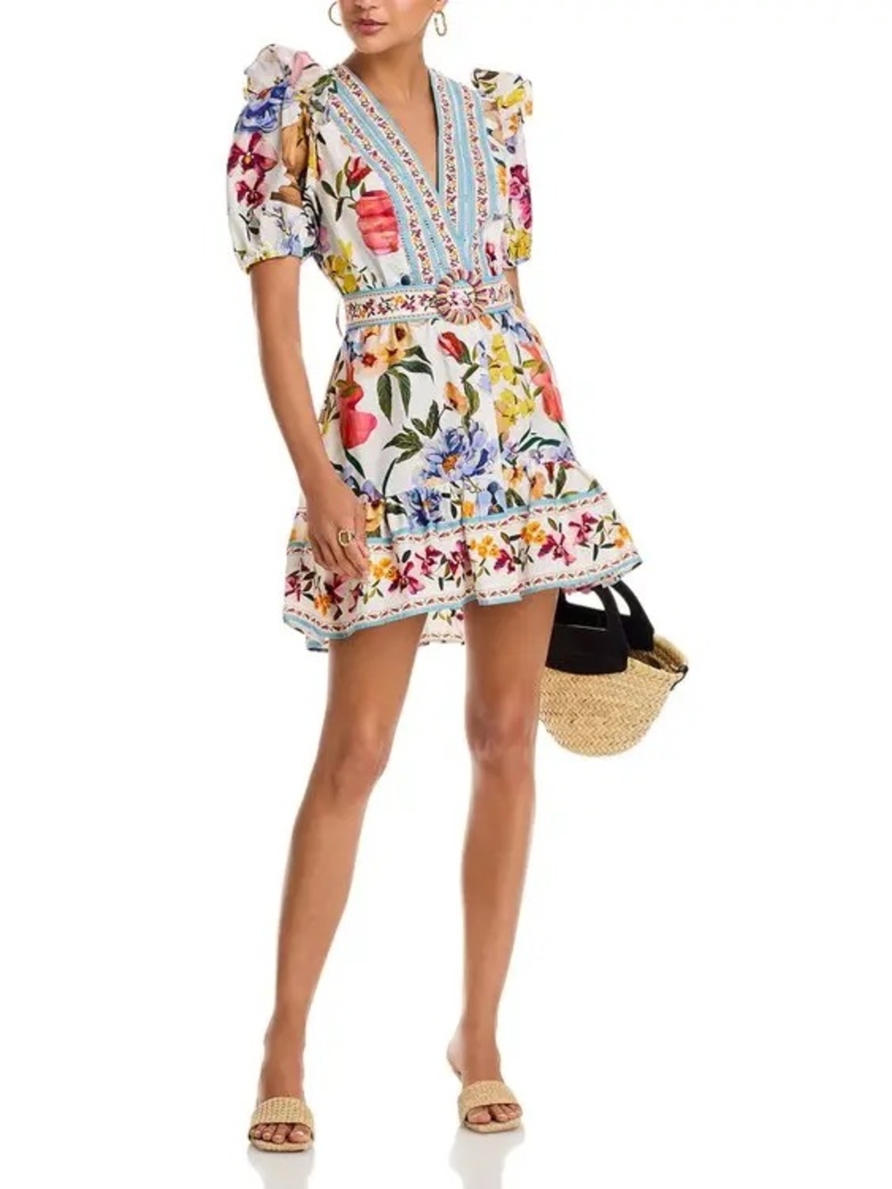 Floral V-Neck Mini Dress in off White Greek Garden ruffles purple, aqua yellow S